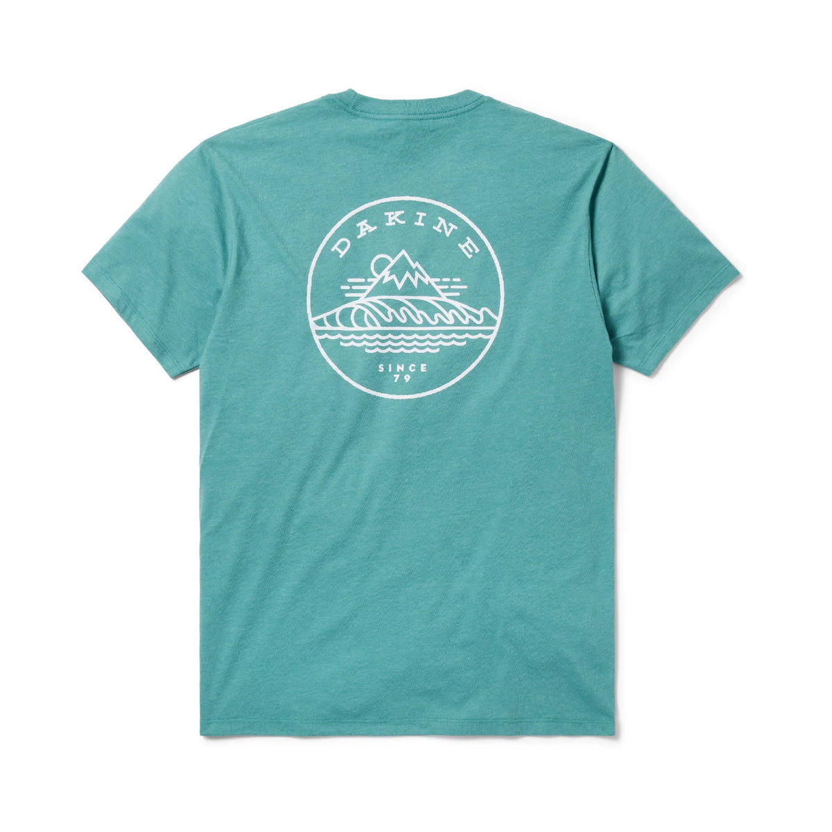 Teal t-shirt with white graphic and 'Dakine' branding on a white background