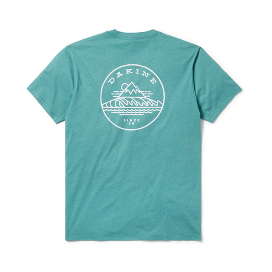 Teal t-shirt with white graphic and 'Dakine' branding on a white background