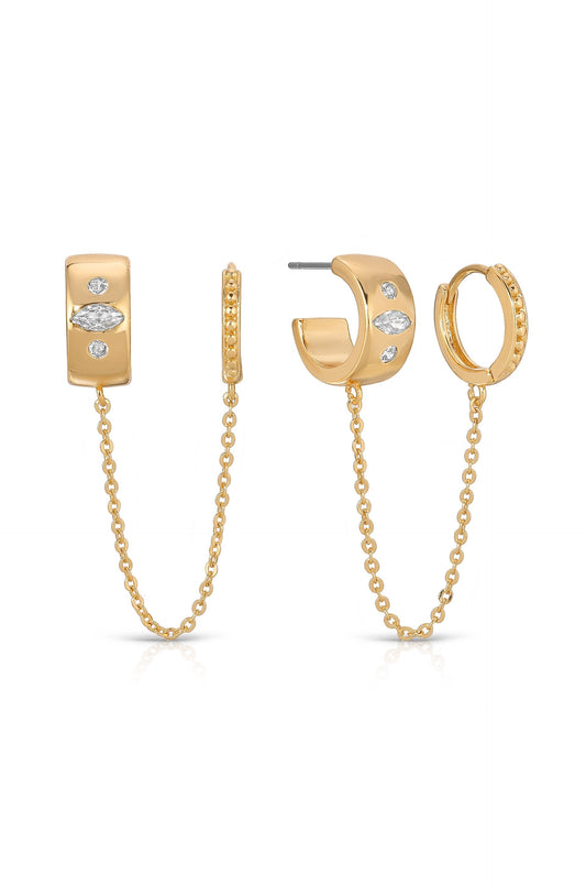 Double Piercing Bezel Crystal Dangle Earrings