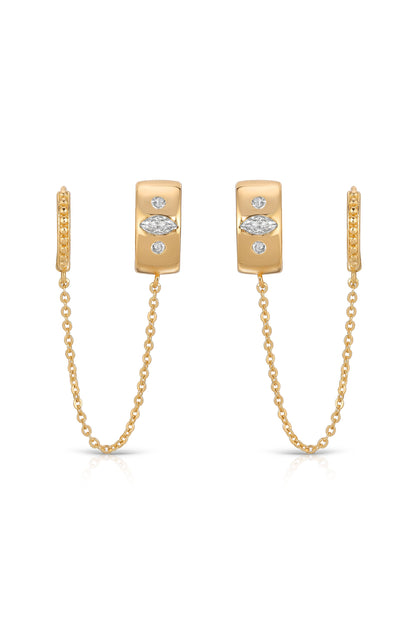 Double Piercing Bezel Crystal Dangle Earrings