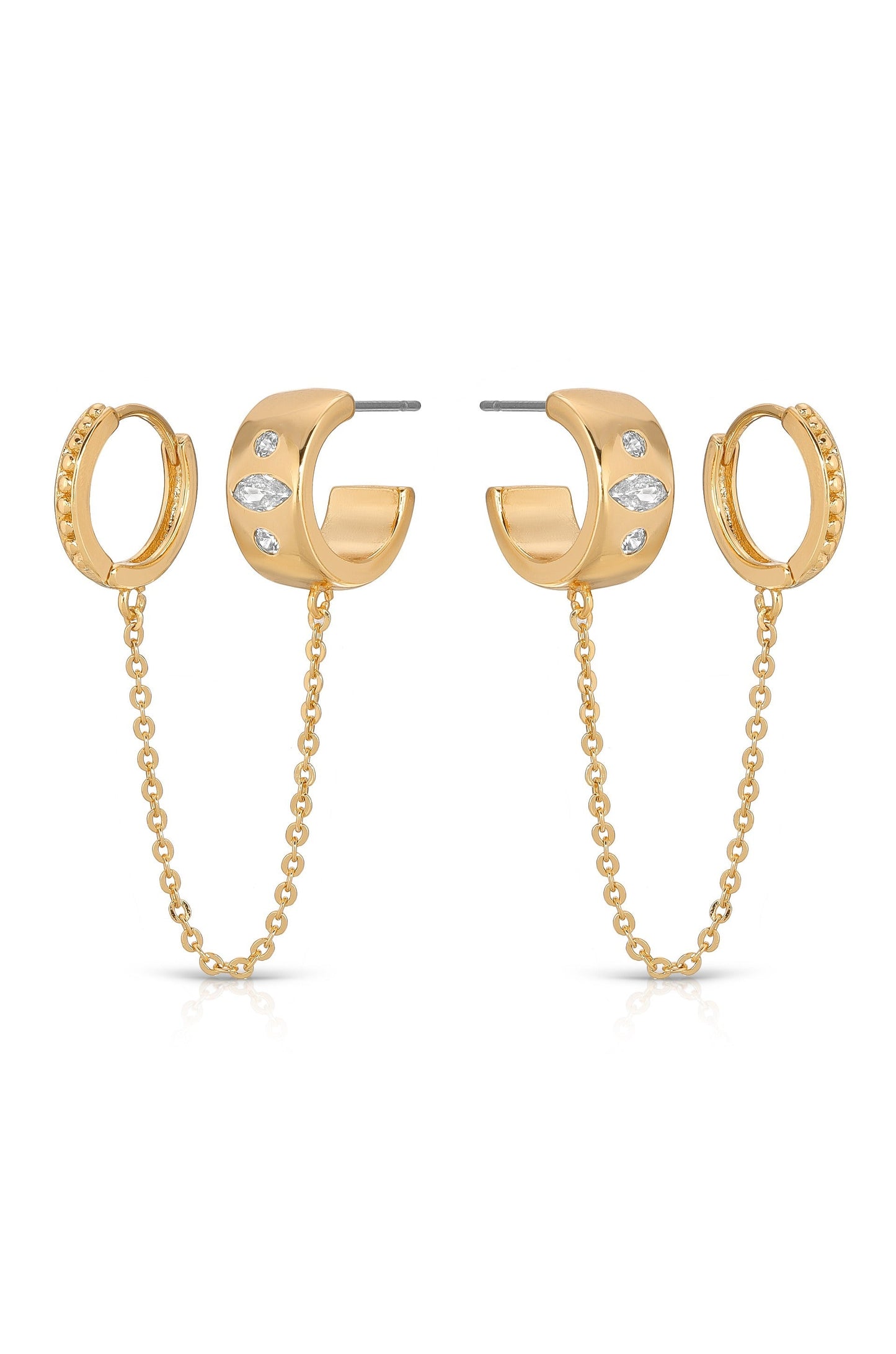 Double Piercing Bezel Crystal Dangle Earrings