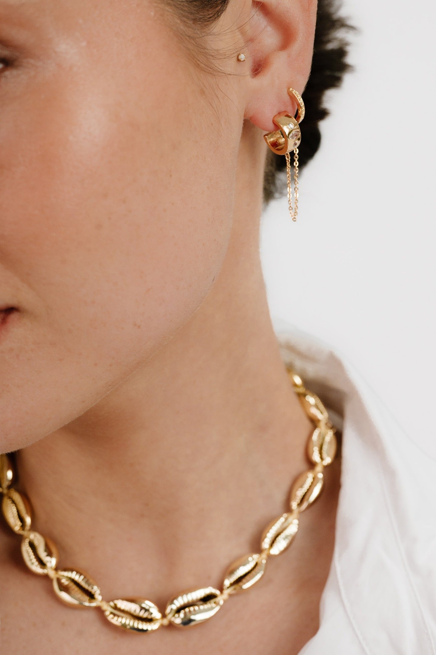 Double Piercing Bezel Crystal Dangle Earrings