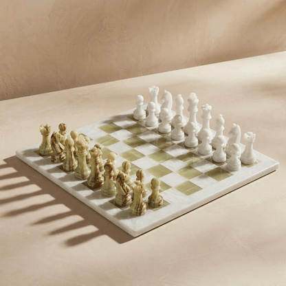 Marble Chess Set with Storage Case - White and Green Onyx