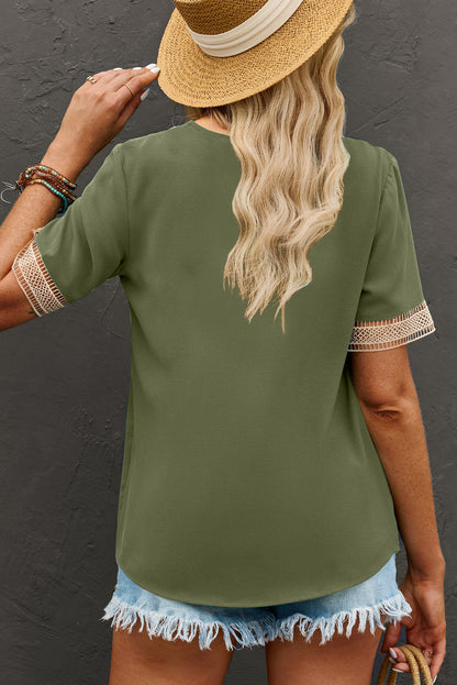 Green Lace Trim V Neck Short Sleeve Blouse
