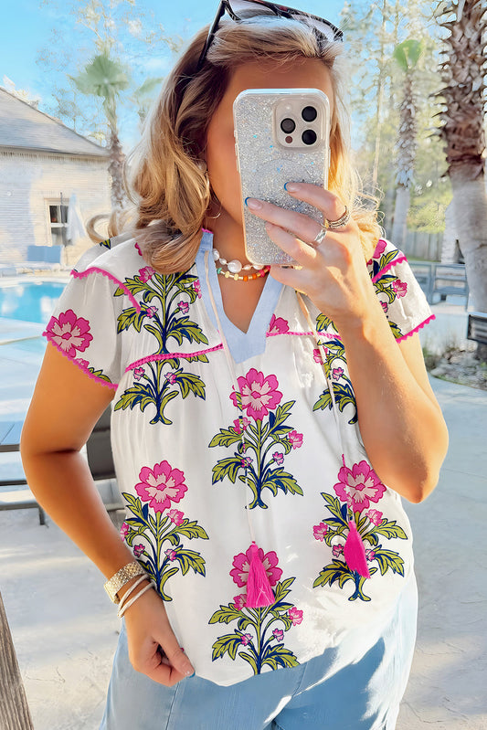 Rose Vintage Floral Print Notched V Neck Plus Size Blouse