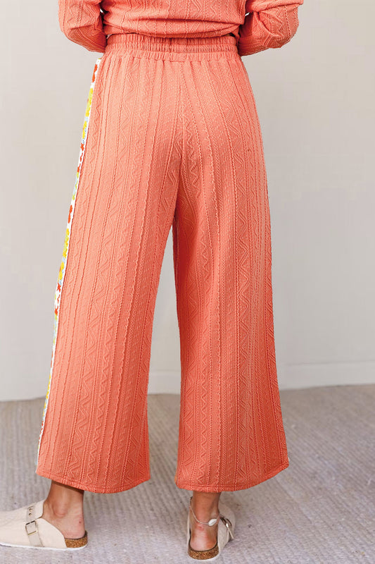 Grapefruit Orange Crochet Floral Accent V Neck Textured Pants Set