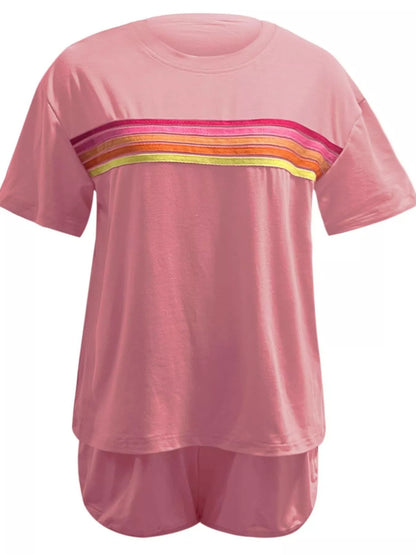 Rainbow Striped Round Neck Top and Shorts Set