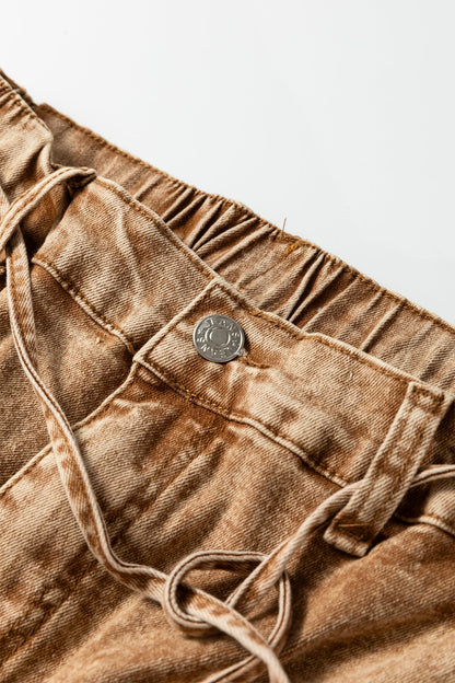 Smoke Gray Acid Wash Barrel Fit Denim Pants with Waist String