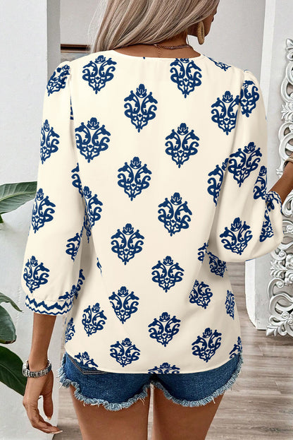 Green Damask Floral Print Contrast V Neck 3/4 Sleeve Blouse