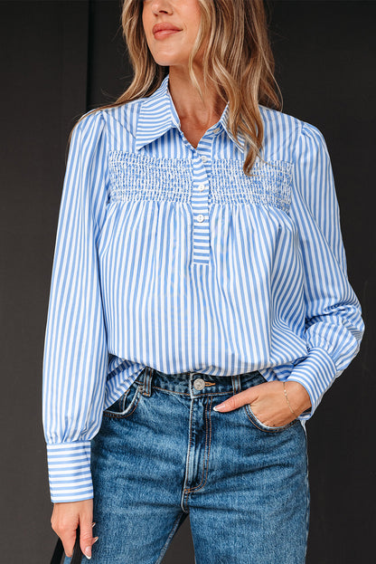 Sky Blue Stripe Shirred Detail Half Placket Collared Long Sleeve Fall Shirt