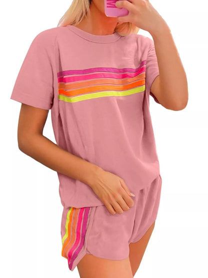 Rainbow Striped Round Neck Top and Shorts Set