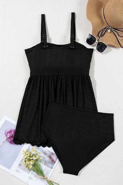 Black Plus Size Textured Scalloped Trim Swim Dress with Panty