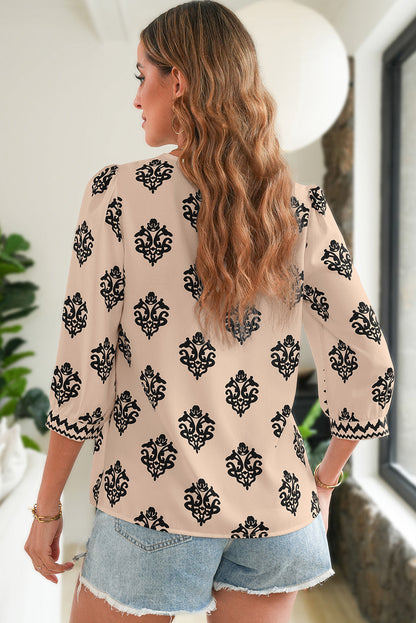 Green Damask Floral Print Contrast V Neck 3/4 Sleeve Blouse