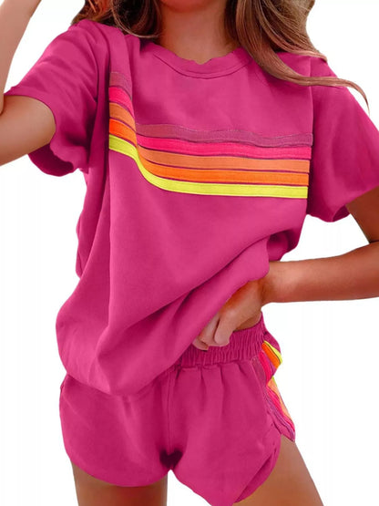 Rainbow Striped Round Neck Top and Shorts Set