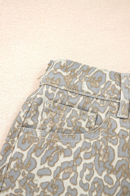 Khaki Raw Edge Leopard Print Denim Shorts
