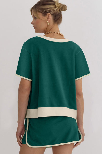 Black Colorblock Edge Drop Shoulder T Shirt and Skort 2Pcs Set
