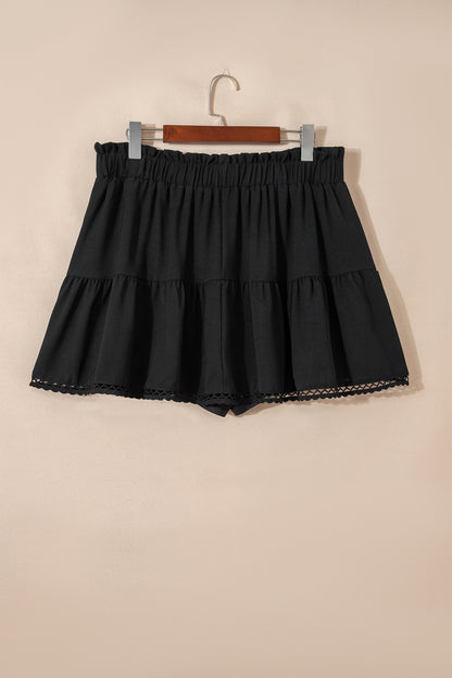 Navy Blue Plus Size Frilled Elastic Waist Lace Trim Boho Ruffled Shorts