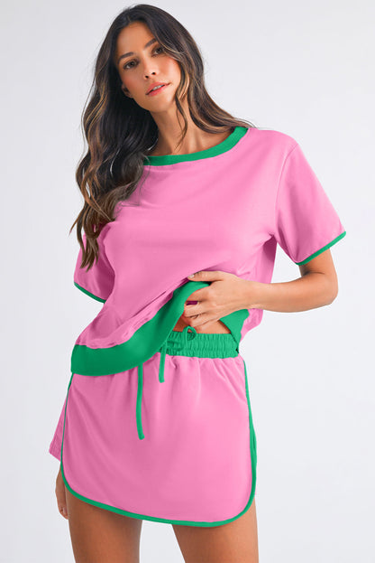 Black Colorblock Edge Drop Shoulder T Shirt and Skort 2Pcs Set