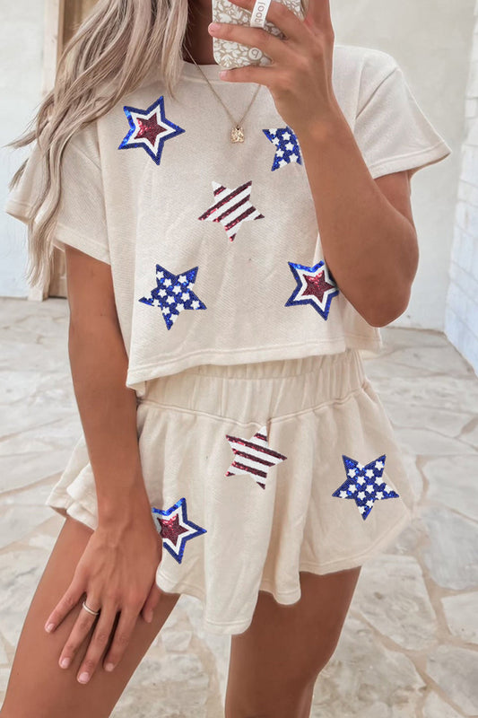Beige Sequin Patriotic Star Cropped Tee Skort 2pcs Set