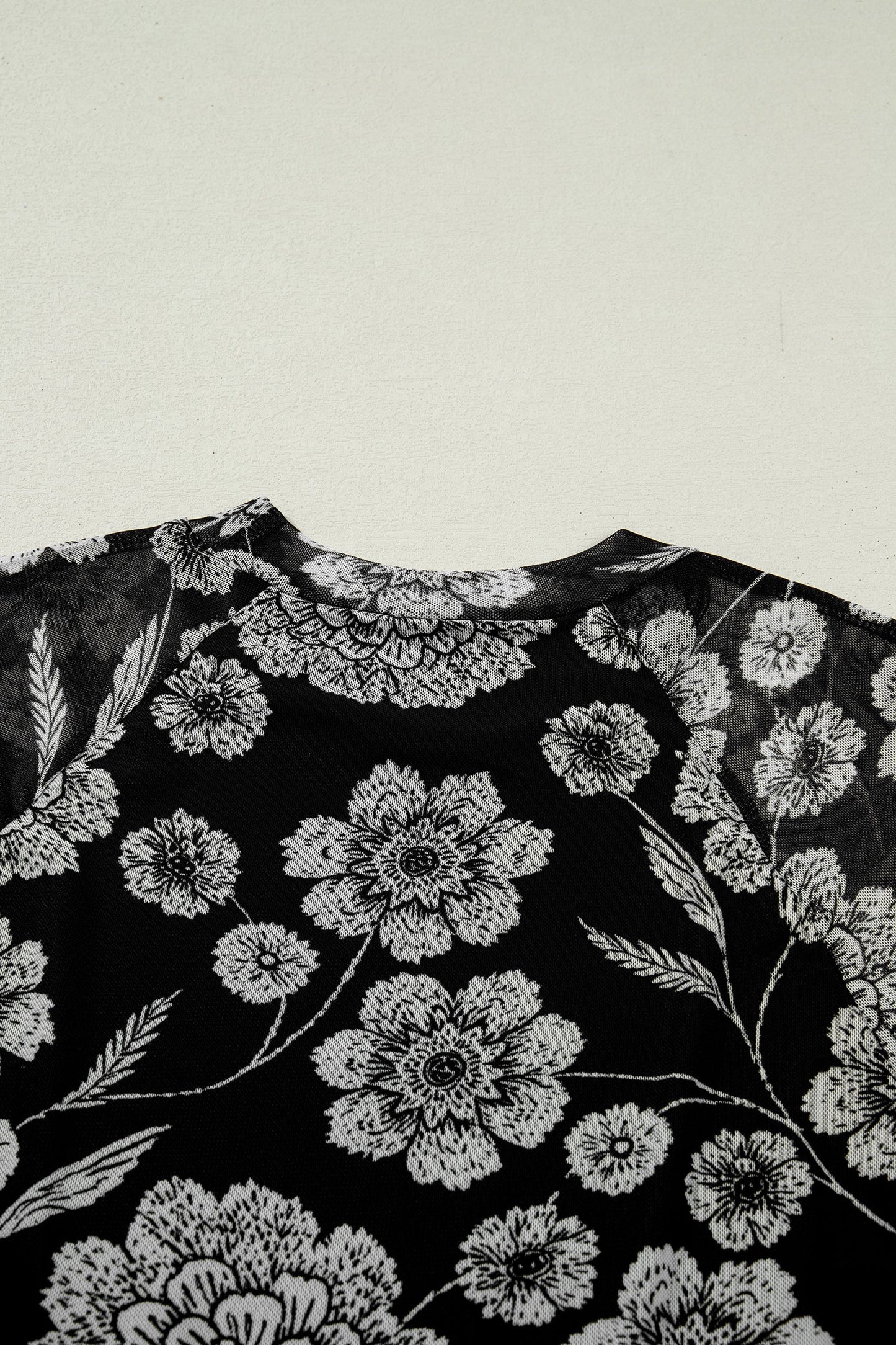 Brown Thumbhole Long Sleeve Floral Print Mesh Top