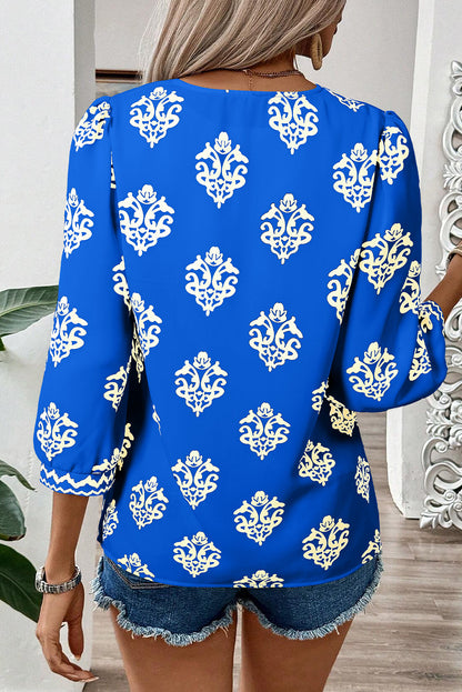 Green Damask Floral Print Contrast V Neck 3/4 Sleeve Blouse