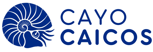 The official logo of Cayo Caicos, featuring a navy blue nautilus shell icon on the left and the words 'CAYO CAICOS' in a bold, rounded navy blue font on the right, set against a solid white background.