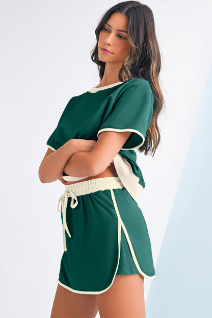 Black Colorblock Edge Drop Shoulder T Shirt and Skort 2Pcs Set