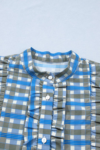 Sky Blue Plaid Long Sleeve Frilled Detail Half Button Blouse