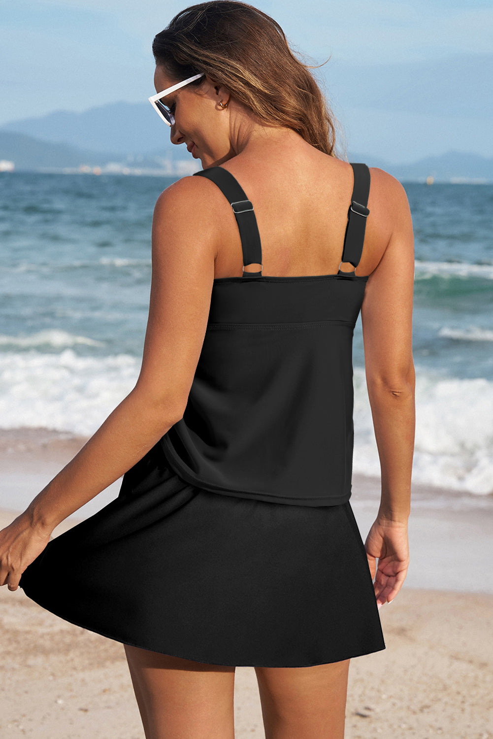 Blue Stripe Scoop Neck Adjustable Tankini and Matching Skort Bathing Suit