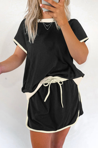 Black Colorblock Edge Drop Shoulder T Shirt and Skort 2Pcs Set