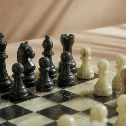 Marble Chess Set with Storage Case - Green Onyx and Black