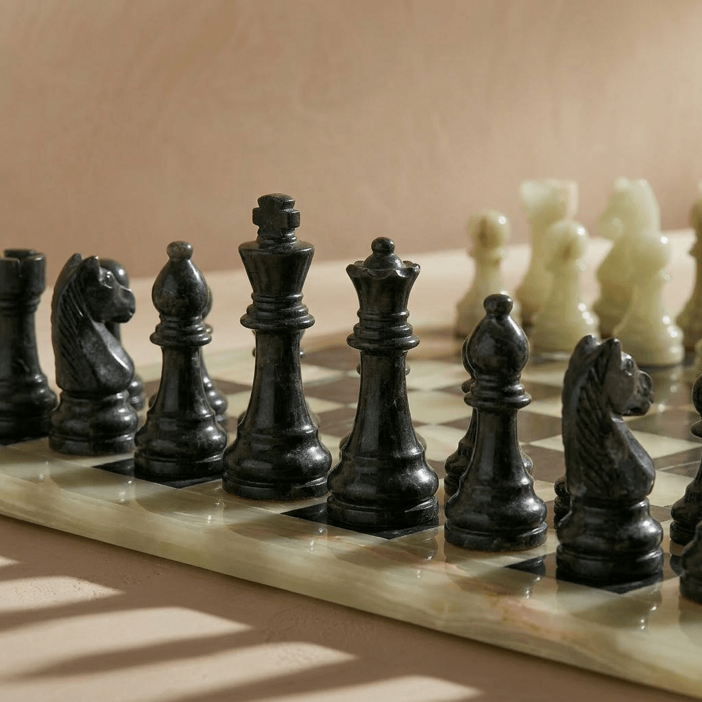 Marble Chess Set with Storage Case - Green Onyx and Black