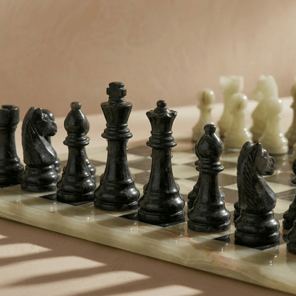 Marble Chess Set with Storage Case - Green Onyx and Black