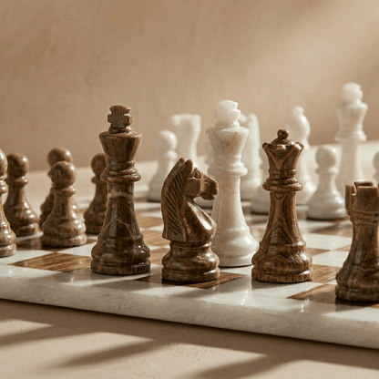 Marble Chess Set with Storage Case - Brown and White
