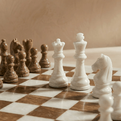 Marble Chess Set with Storage Case - Brown and White