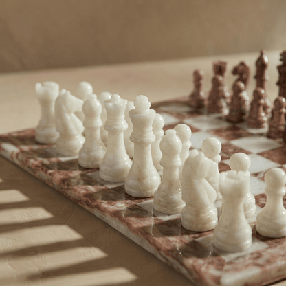 Marble Chess Set with Storage Case - Pink and White