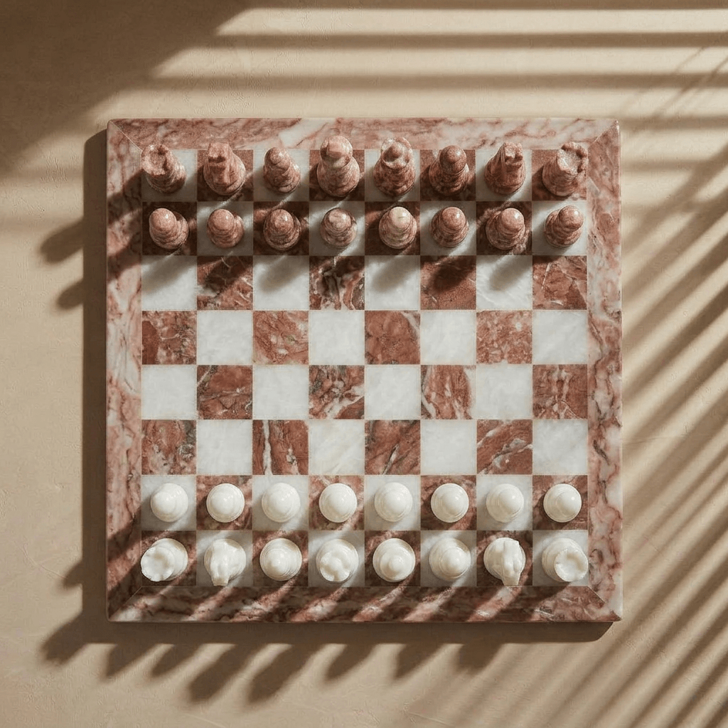 Marble Chess Set with Storage Case - Pink and White
