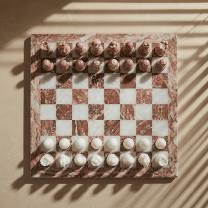 Marble Chess Set with Storage Case - Pink and White