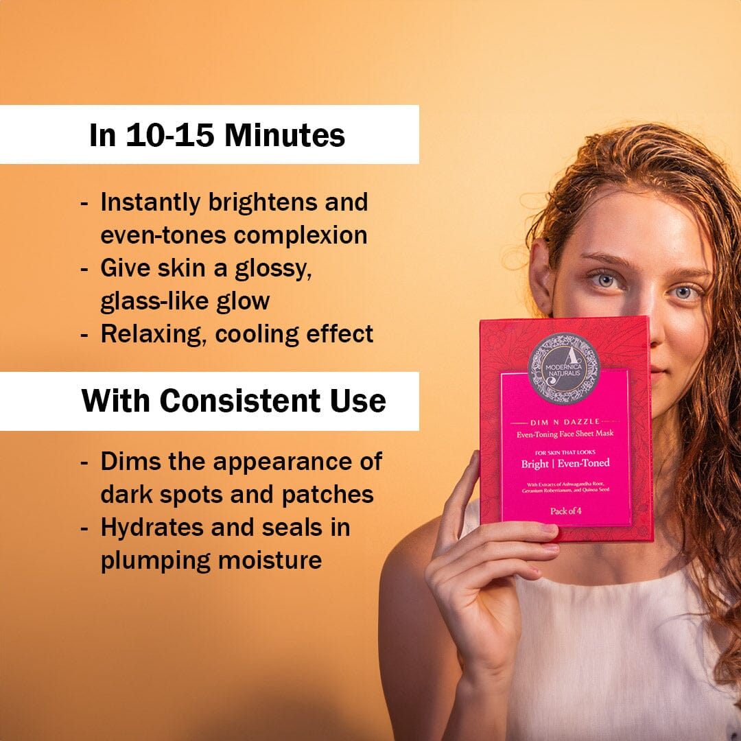 Dim N Dazzle Even-Toning Face Sheet Mask – Brightens, Hydrates Dull, Dry, Aging Textured Skin - Unique ‘Serum-Drench Method’ with Sappan Wood Bark & Manjistha – Best Banana Fiber Sheet Mask for Glowing, Glass-Like Skin - Pack of 2