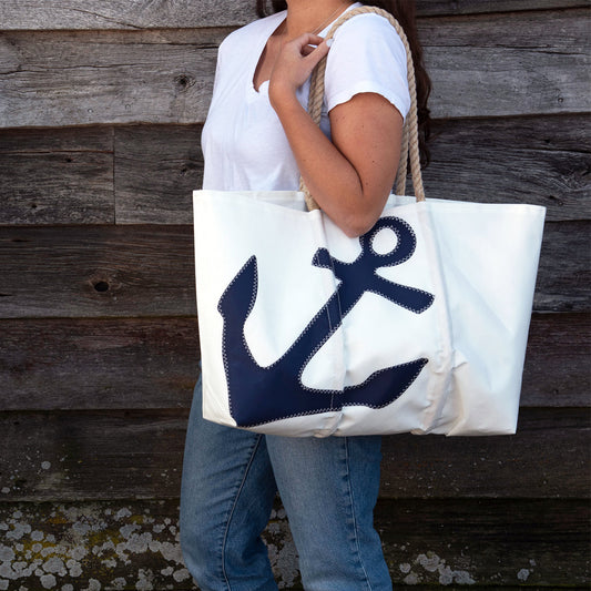 Navy Anchor Large Tote with Zip Top Option