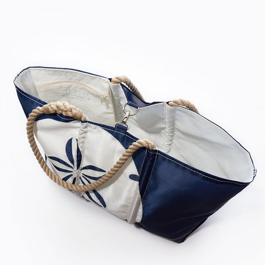 White on Navy Sand Dollar Ogunquit Beach Tote
