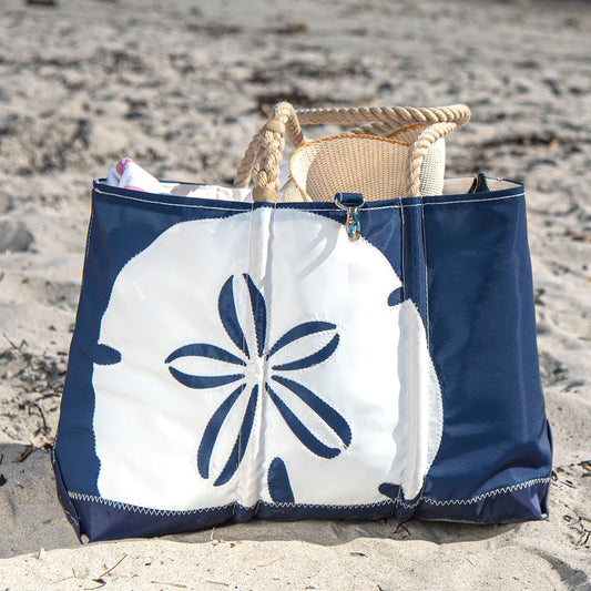White on Navy Sand Dollar Ogunquit Beach Tote