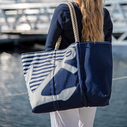 Breton Stripe White Anchor Large Tote