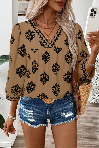 Green Damask Floral Print Contrast V Neck 3/4 Sleeve Blouse