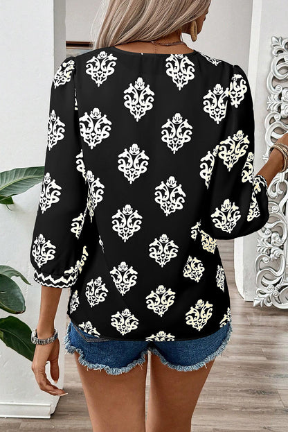 Green Damask Floral Print Contrast V Neck 3/4 Sleeve Blouse
