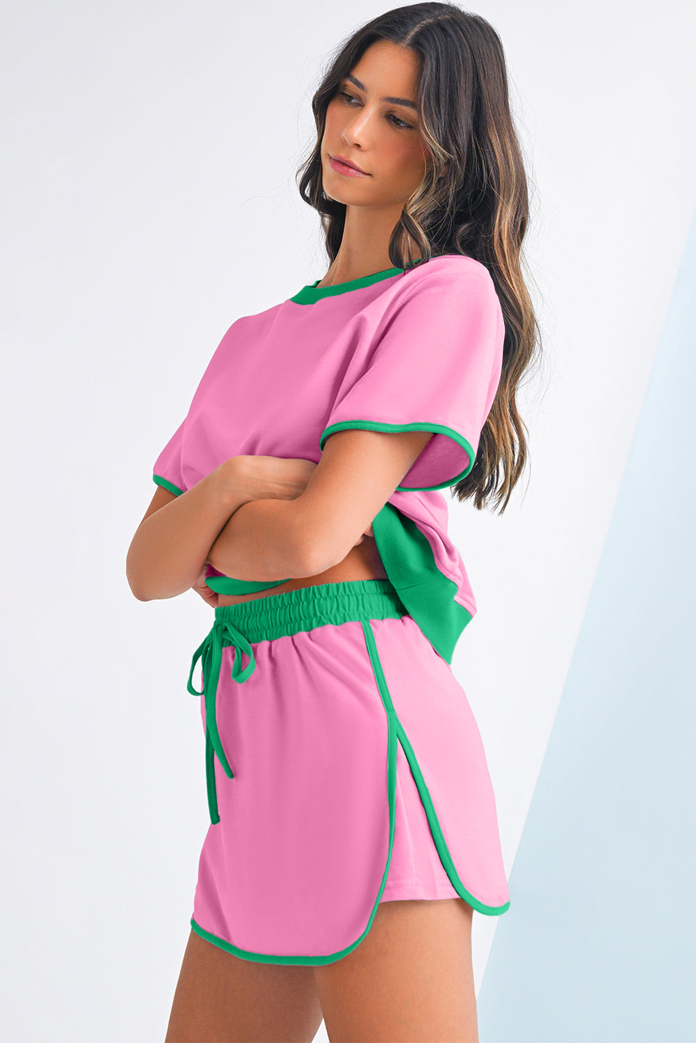 Black Colorblock Edge Drop Shoulder T Shirt and Skort 2Pcs Set