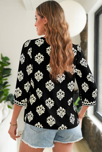 Green Damask Floral Print Contrast V Neck 3/4 Sleeve Blouse