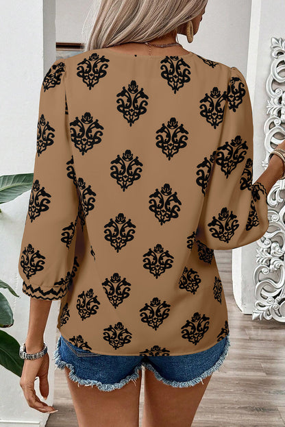 Green Damask Floral Print Contrast V Neck 3/4 Sleeve Blouse
