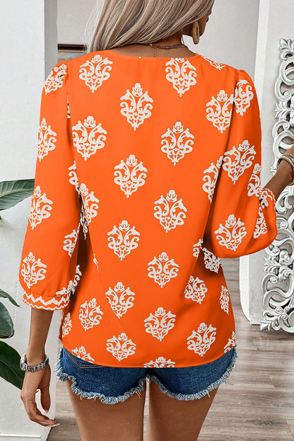 Green Damask Floral Print Contrast V Neck 3/4 Sleeve Blouse