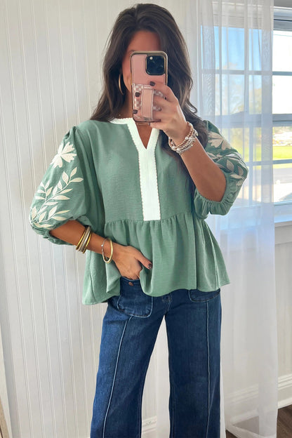 Smoke Green Color Block Patchwork V Neck Embroidered Puff Sleeve Babydoll Blouse